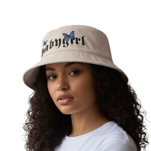 White Bucket Hat with Blue Butterfly Design